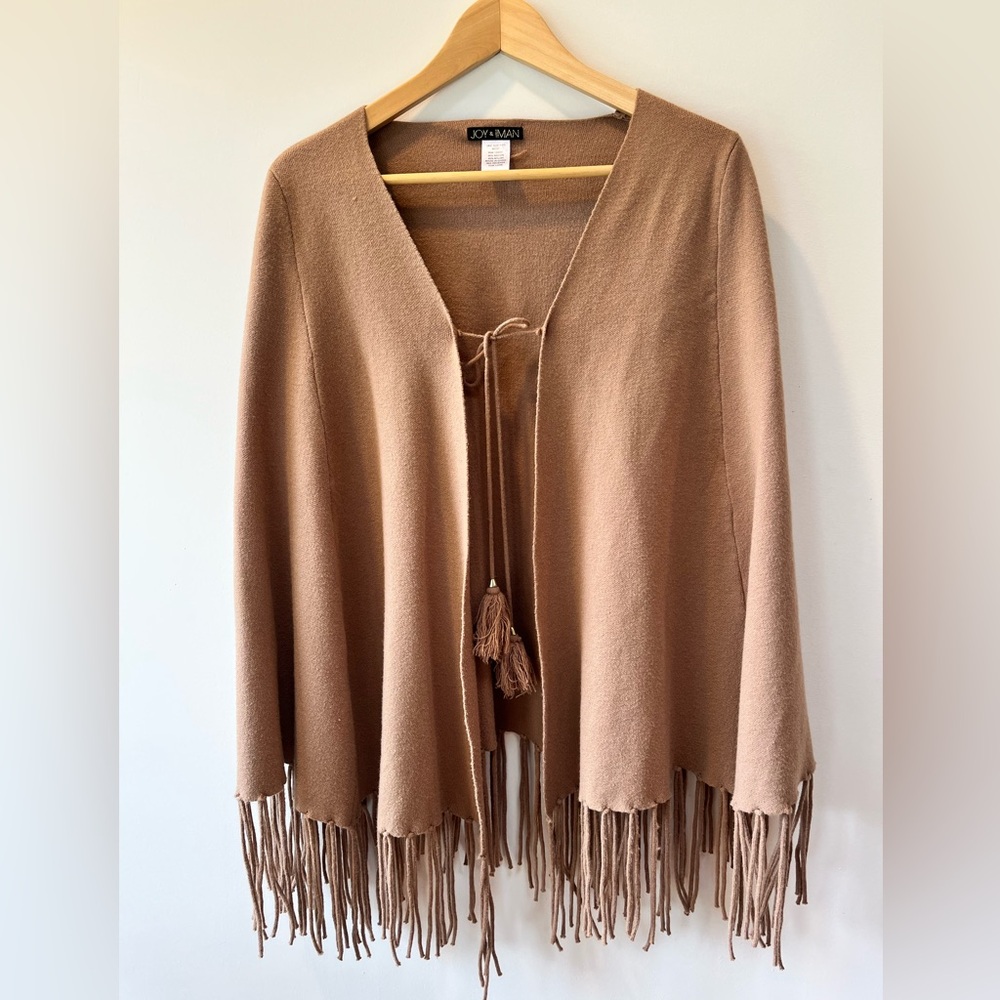 Tailored Fringe Wrap Shawl in Camel - OS